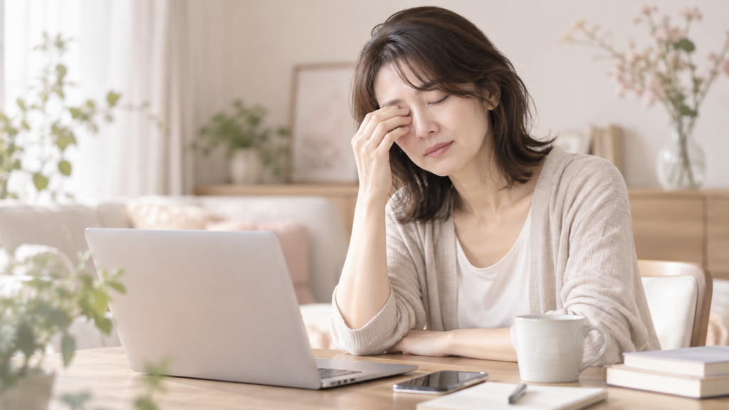 目の疲れを感じて目元を休める40代女性