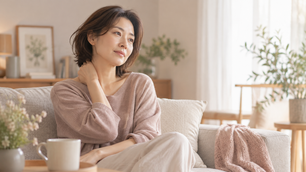 身体の変化に目を向けながらゆったり過ごす40代女性