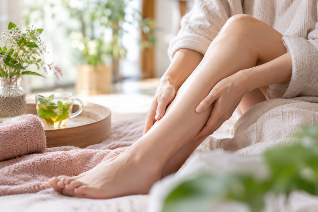 ソファで脚のむくみが気になりふくらはぎに手を添える40代女性
