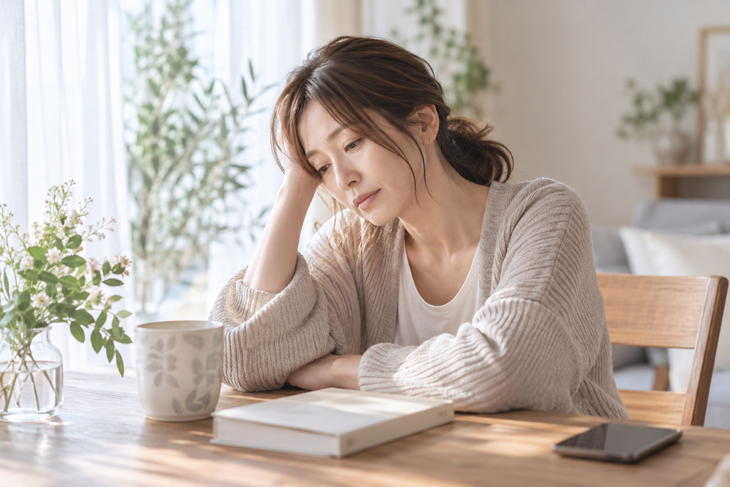 疲れを感じてテーブルに座る40代女性
