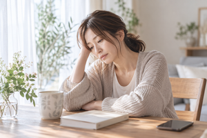 疲れを感じてテーブルに座る40代女性
