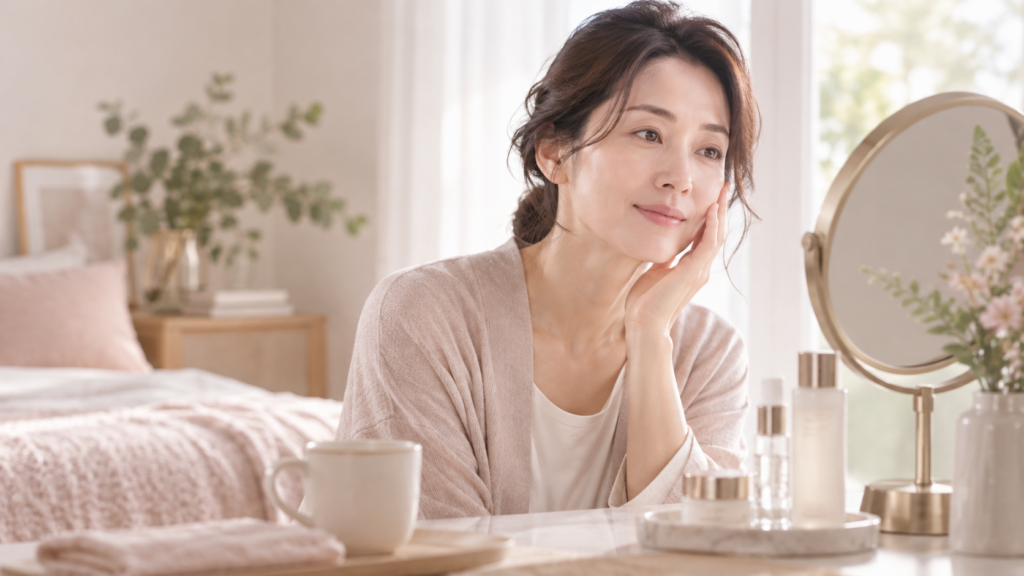 朝の顔のむくみが気になり鏡を見る40代女性