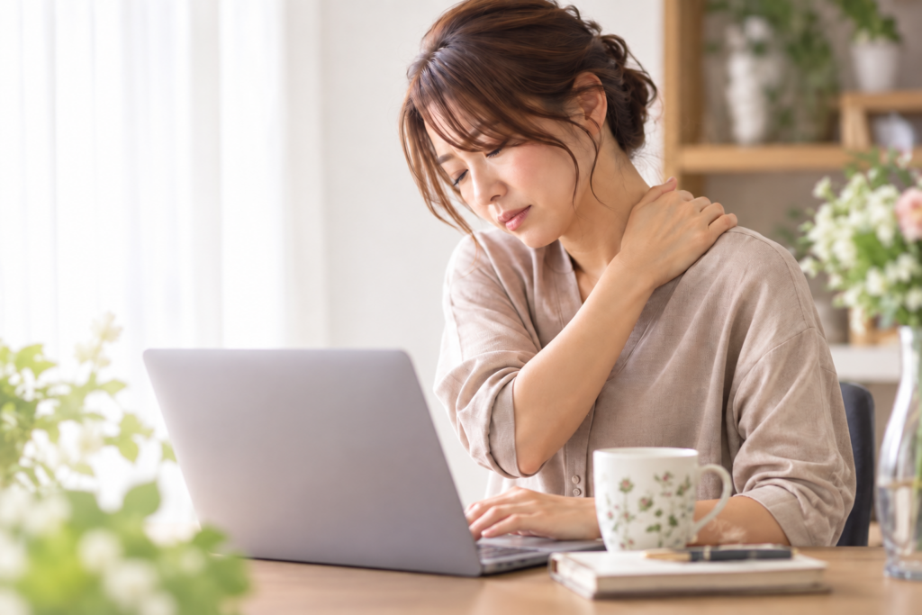 首・肩のこりが気になり肩に手を添える40代女性