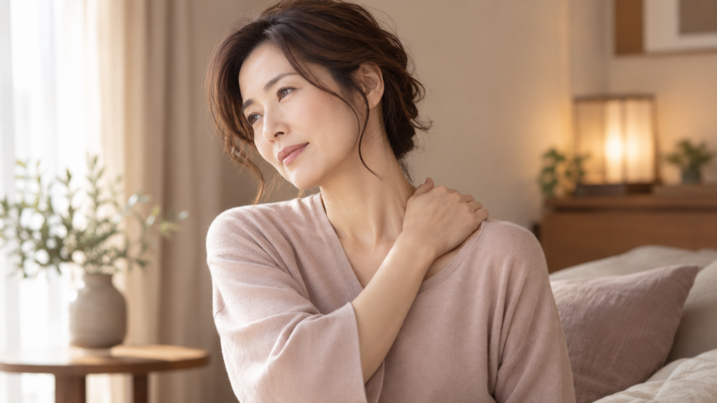 肩や背中の張りが気になり肩に手を添える40代女性