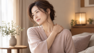 肩や背中の張りが気になり肩に手を添える40代女性