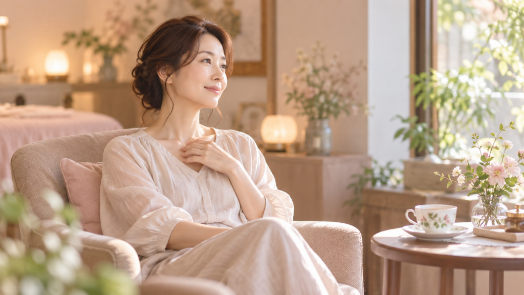 自分の身体に目を向けながら静かに過ごす40代女性