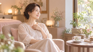 自分の身体に目を向けながら静かに過ごす40代女性